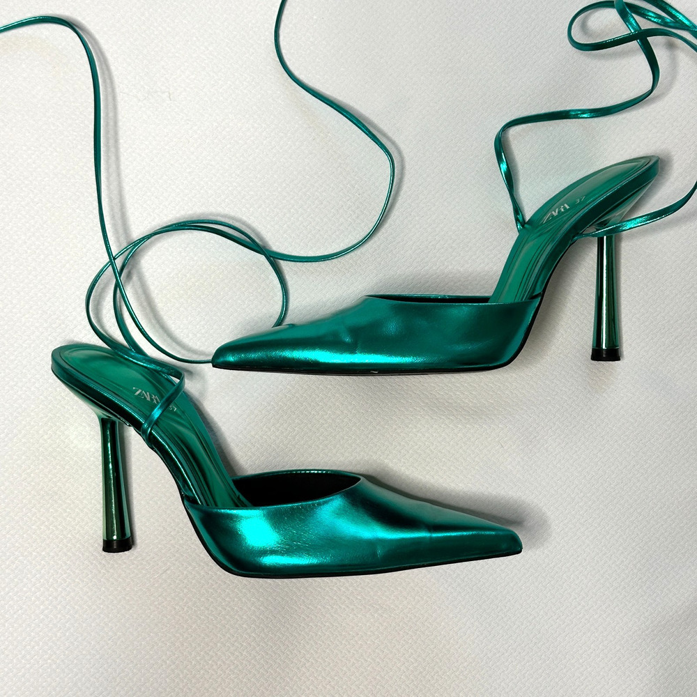 Zara Metallic Green Pointed Toe Lace Up Strappy Mule Heels EU 37 Party